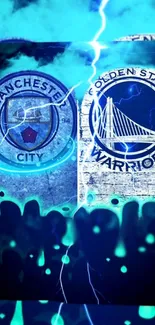 Manchester City and Golden State Warriors logos with blue lightning effect.