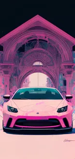 Vibrant pink sportscar with artistic backdrop.