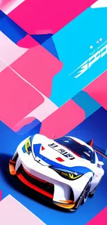 Vibrant sportscar with bold geometric shapes in pink and blue hues.