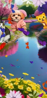 Cute animals in a colorful garden by a river under blue sky.