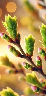 Vibrant green buds glowing in sunset light.