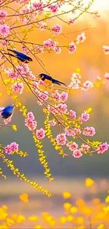 Colorful spring blossom with birds on tree branches in vibrant yellow background.