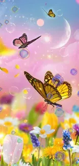 Colorful butterflies and flowers under a pastel pink sky.