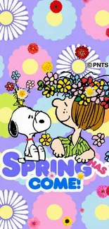 Cartoon characters with flowers, colorful spring wallpaper.