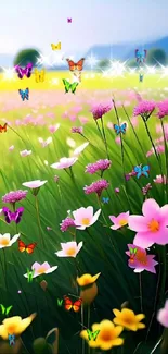 Vibrant spring field with pink and yellow flowers in a lush green meadow.