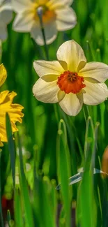 Vibrant daffodils and leaves wallpaper.