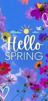 Hello Spring wallpaper with colorful flowers under a bright blue sky.