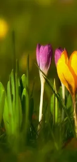 Colorful crocuses in a lush spring meadow, set against a green background.