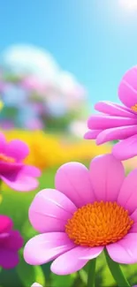 Vibrant pink daisies under a clear sunny sky.