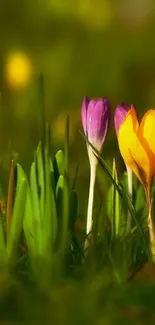 Colorful crocus flowers in a lush green meadow, perfect for spring wallpaper.