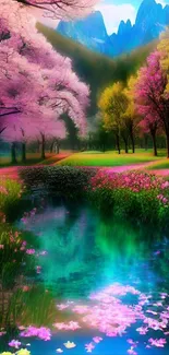 Vibrant landscape with cherry blossoms by a tranquil stream.