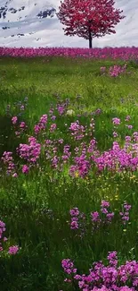 Vibrant pink meadow with a lone tree and snow-capped mountain backdrop.