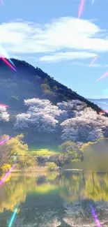 Spring mountain with cherry blossoms and colorful light accents.