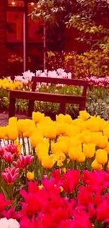 Vibrant garden with colorful tulips in spring.