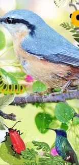 Bird perches on flowered branch with insects in vibrant scene.