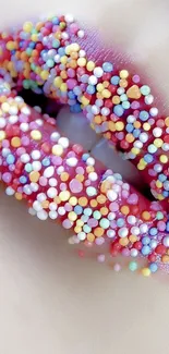 Close-up of lips with colorful sprinkle decoration.