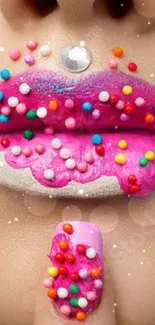 Colorful lip art with vibrant sprinkles and playful design.