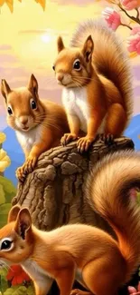 Illustrated squirrels in vibrant forest setting.