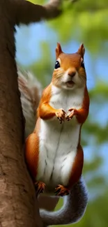 Curious squirrel perched on a tree against a blurred natural background.