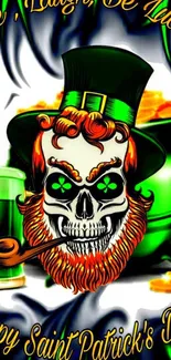 Colorful St. Patrick's Day skull with top hat and shamrocks.