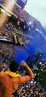 Lively football stadium scene with cheering fans.