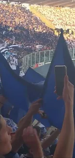 Blue flags waving in stadium crowd during football match.