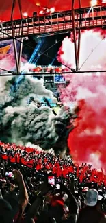 Stadium scene with vibrant crowd and red smoke.