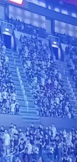 Crowded stadium with blue lighting and lively audience.