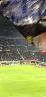 High-energy football stadium scene with waving flags and vibrant crowd.