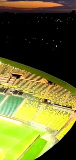 Vibrant stadium with night lights and colorful seating captured in a dynamic view.