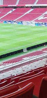 Stadium seats with green field in vibrant sport setting.