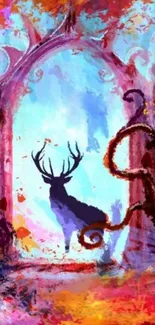 Mystical forest with deer silhouette in vibrant colors.