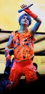 Performer in vivid orange outfit on a vibrant stage.