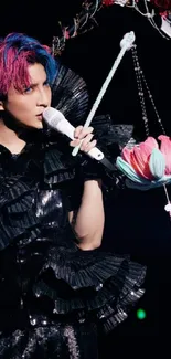 Colorful stage performer with microphone and elaborate costume.