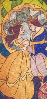 Stained glass artwork depicting a romantic couple in vibrant colors.