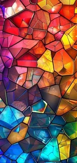 Colorful stained glass pattern with vibrant geometric shapes.