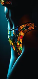 Artistic stained glass design on a human figure with vibrant colors.