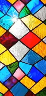 Vibrant stained glass design with geometric patterns and bright colors.