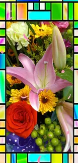 Vibrant stained glass floral mobile wallpaper with colorful blooms.