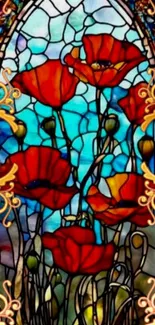 Stained glass artwork with vibrant red flowers and ornate design.