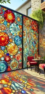 Vibrant stained glass wall in a garden setting, casting colorful reflections.