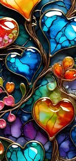 Colorful stained glass heart design wallpaper.