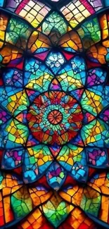 Vibrant stained glass with intricate geometric patterns.