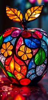 Colorful stained glass apple with floral designs on a vibrant background.
