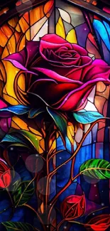 A vibrant stained glass rose with colorful patterns and vivid hues.