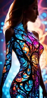 Stained glass effect silhouette with vibrant colors and dynamic lighting.