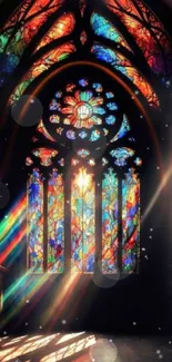 Vibrant stained glass window with colorful light rays.