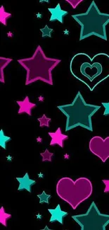 Vibrant pink and teal star and heart wallpaper with a black background.