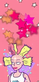 Cartoon with stars on pink background wallpaper.