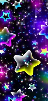 Vibrant neon galaxy wallpaper with colorful stars and sparkles.